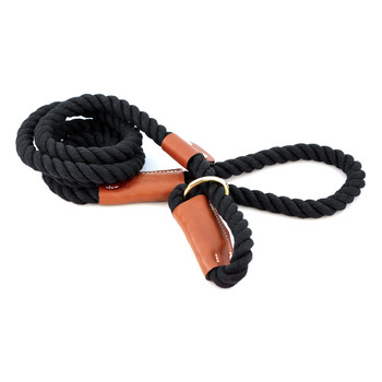 Cotton Rope Slip Leash with Leather Accents - Black