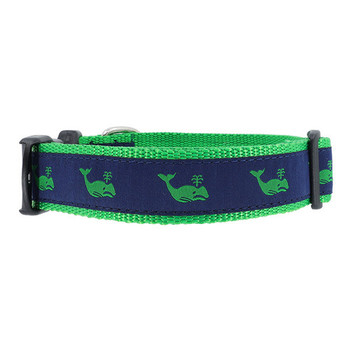 Cat or Dog Collar - Whales Green on Navy - 1/2, 3/4, 1 1/4