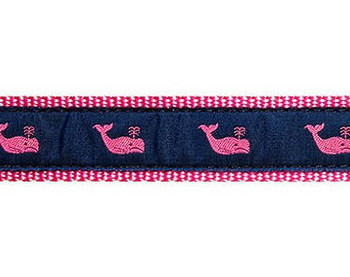 Preston Dog Cat or Dog Collar - Whales Pink on Navy - 1/2, 3/4, 1 1/4 
