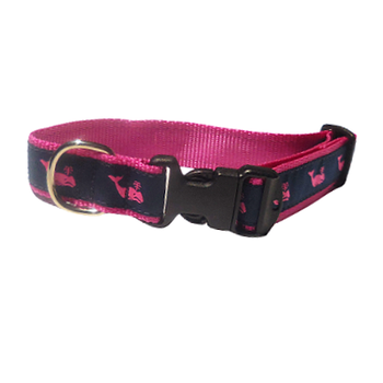 Cat or Dog Collar - Whales Pink on Navy - 1/2, 3/4, 1 1/4