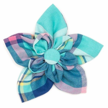 Aqua Navy Plaid Pet Dog Collar Flower