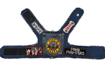 Heart or Tails Pup Rocker Dog Distressed Blue Denim Harness - Guns & Roses 