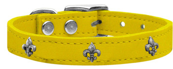 Mirage Pet Silver Fleur De Lis Widget Genuine Leather Dog Collar - Yellow 