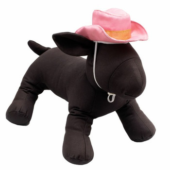 Pink Cowboy Party Hat and Dog Toy on a black dog mannequin