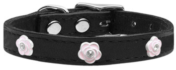 Image of Light Pink Rose Widget Genuine Leather Dog Collar - Black