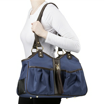 Metro - Navy w/ Brown Leather Trim & Tassel Pet Dog Carrier by Petote