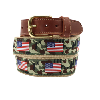 Leather Tab - Classic Men or Women's Belt- American Flag on Camo