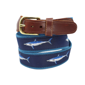 Leather Tab - Classic Men or Women's Belt- Mako Shark on Navy