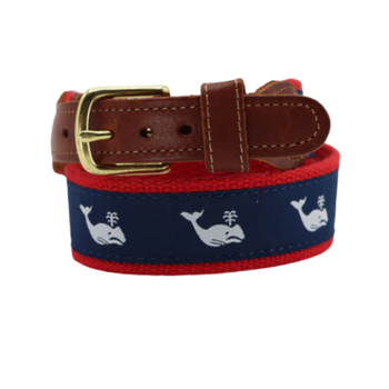 Leather Tab - Classic Men or Women's Belt- Whales White on Navy