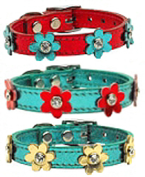 Flower Leather Dog Collar - Metallic Turquoise