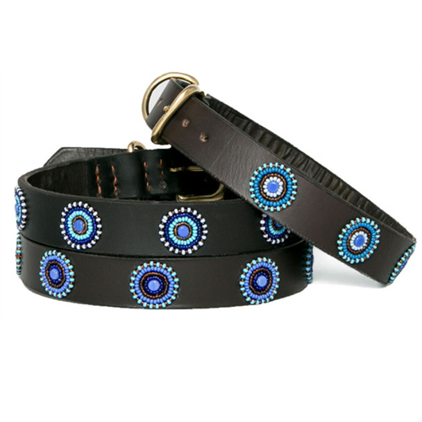 Blue / Brown Circles African Beaded Collar & Leash