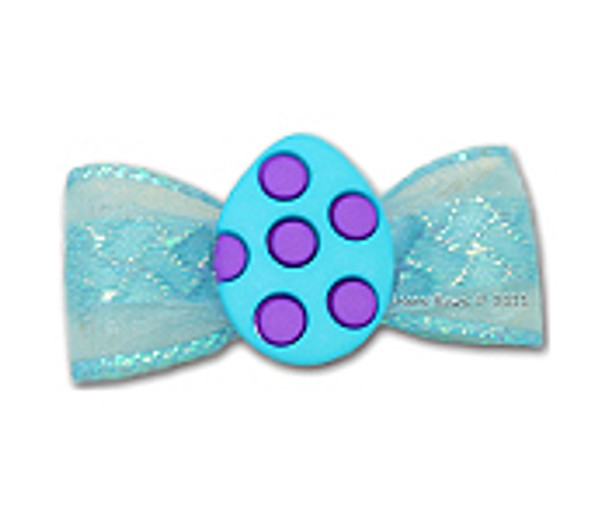 Dog Bow Barrette  - Blue Dotted Easter Egg