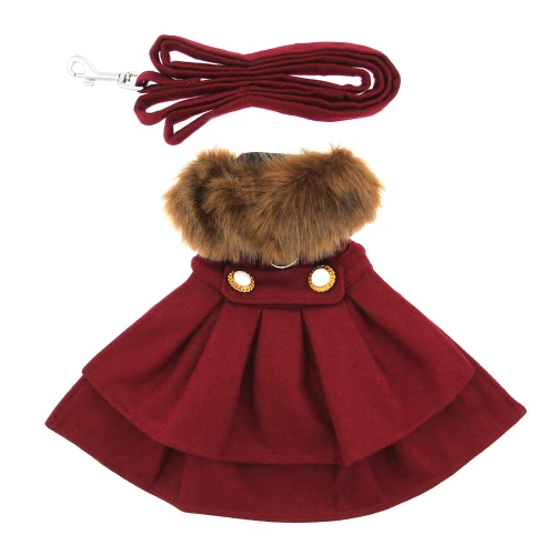 Burgundy Wool Fur Collar Harness Dog Coat & Leash