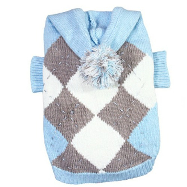 Argyle Pattern Hoodie Dog Sweater with Pompom - Light Blue