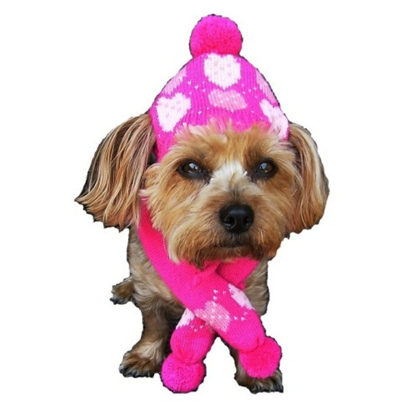Sassy Knitted Winter Pet Dog Hat & Scarf - Pink Hearts