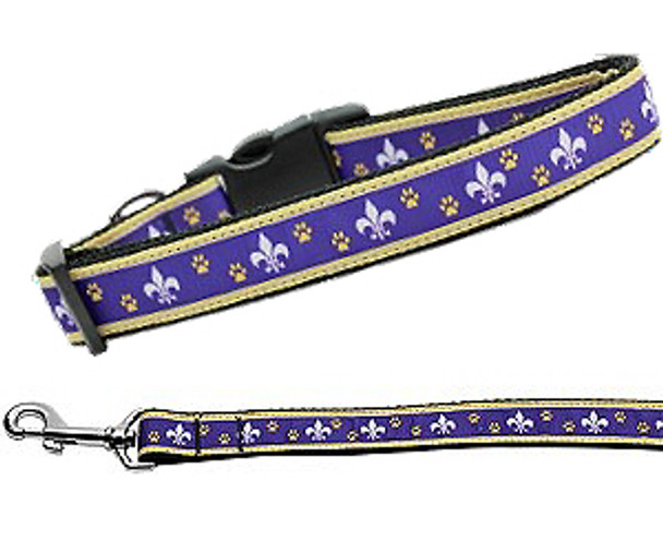 Purple & Yellow Fleur de Lis Nylon Dog Collar