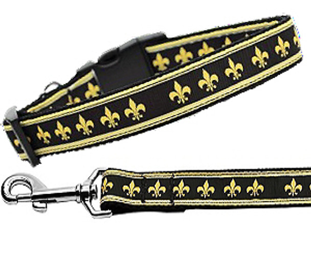 Black & Gold Fleur de Lis Nylon Dog & Cat Collar & Matching Leash