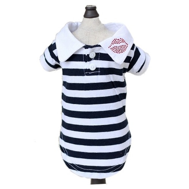 Red Lips Button Down Navy Blue Striped Dog Polo Shirt