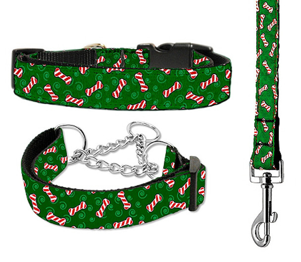 Candy Cane Bones Nylon Ribbon Dog Collar & Matching Leash - Cat & Martingale