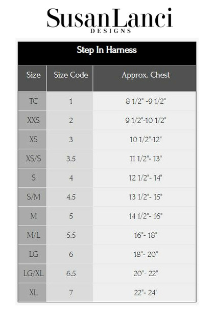 Susan Lanci Step In Harness Sizing Chart and Video