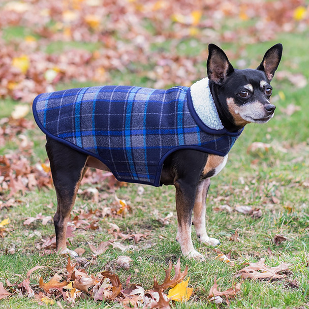 Alpine Sherpa Lined Dog Coat - Blue/Gray Plaid | Worthy Dog