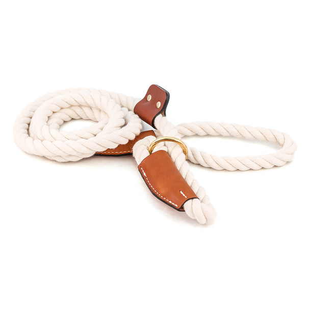 Cotton Rope Slip Leash with Leather Accents - White