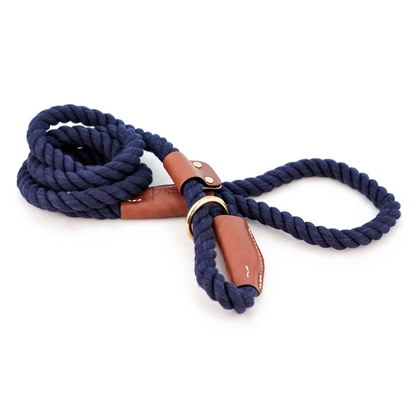 Cotton Rope Slip Leash with Leather Accents - Navy Blue