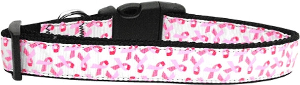 Pink Ribbons On White Nylon Dog & Cat Collar