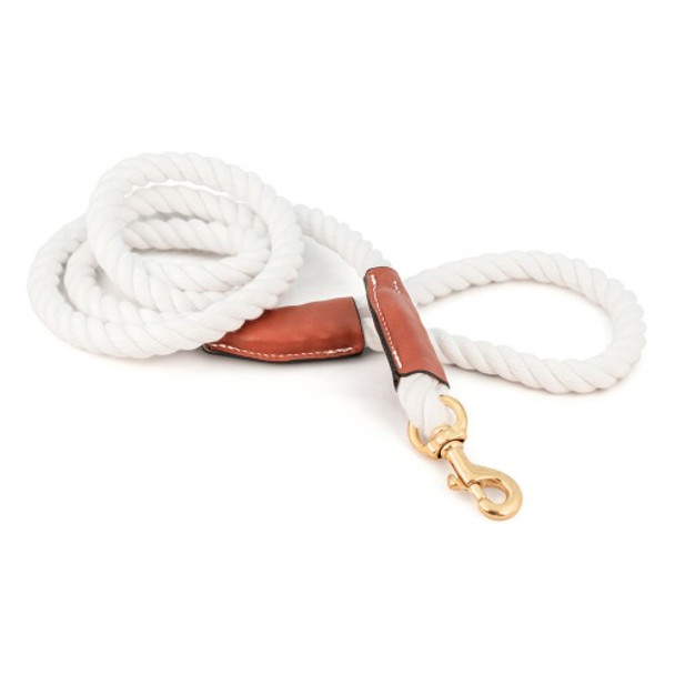 Cotton Rope Leash with Leather Accents - White - Snap