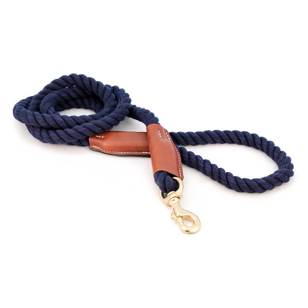 Auburn Leather Cotton Rope Leash with Leather Accents - Navy Blue 