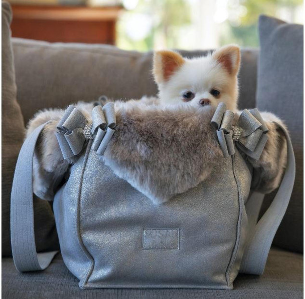 Susan Lanci Platinum Glitzerati Double Nouveau Bow Luxury Dog Carrier with Fur Trim