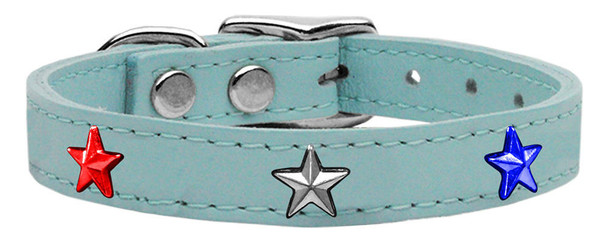 Mirage Pet Red, White And Blue Star Widget Genuine Leather Dog Collar - Baby Blue