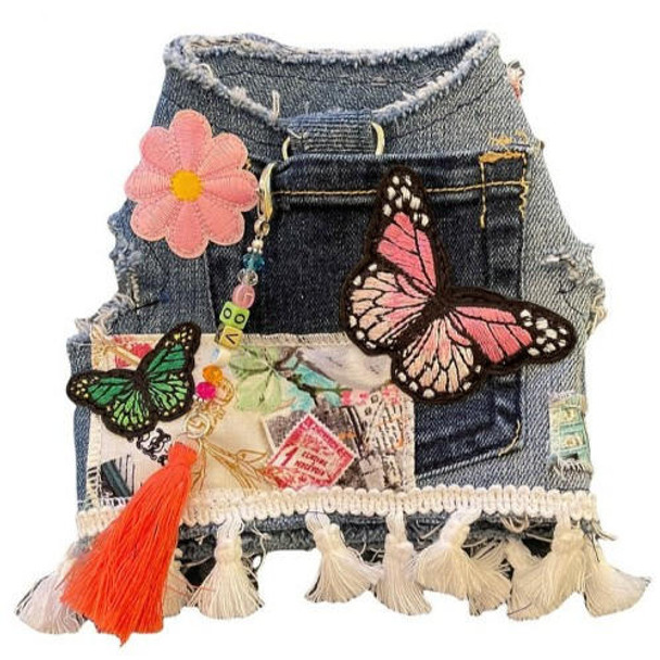 Heart or Tails Pup Dog Distressed Denim Harness - Butterflies & Tassels 