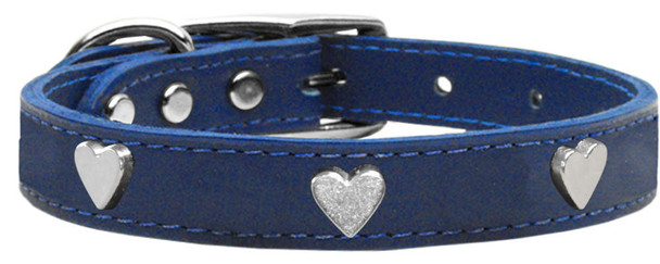 Mirage Pet Silver Heart Widget Genuine Leather Dog Collar - Blue 