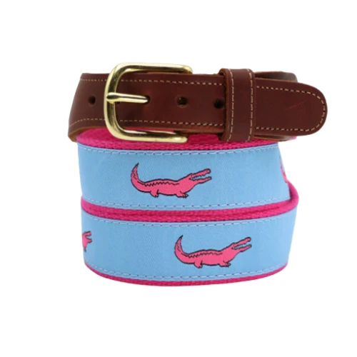 Leather Tab - Classic Men or Women's Belt- Pink Alligators