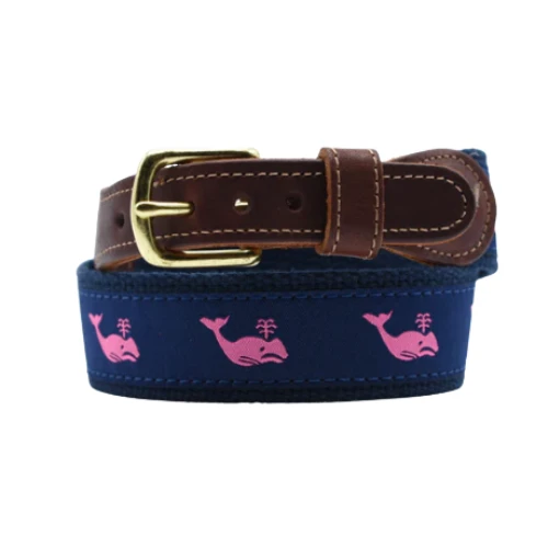 Leather Tab - Classic Men or Women's Belt- Whales Pink on Navy