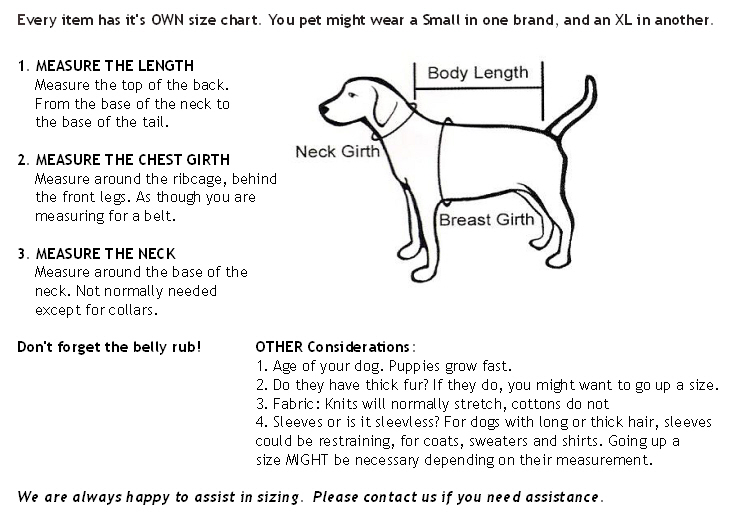 Gooby Dog Coat Size Chart