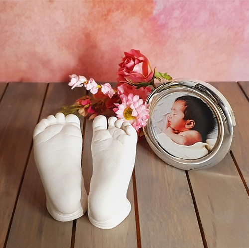 Baby feet casts with a Sterling silver frame from The Edinburgh Casting Studio