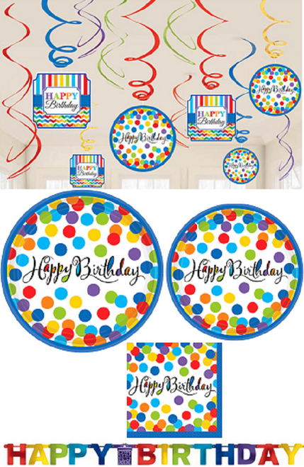 Amscan Colorful Confetti Birthday Party Bundle of Plates, Napkins, Decorations Amscan Colorful Confetti Birthday Party Bundle of Plates, Napkins, Decorations
