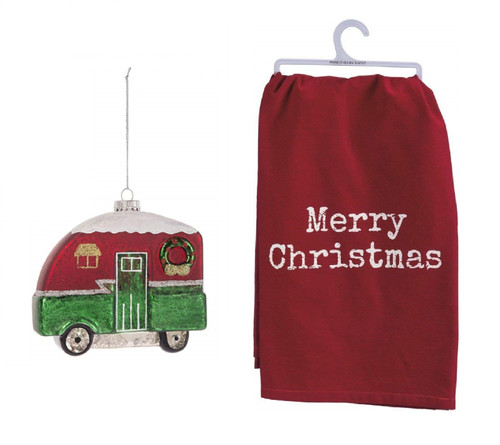 Vintage Camper Glass Ornament And Merry Christmas Red Kitchen Towel Vintage Camper Glass Ornament And Merry Christmas Red Kitchen Towel
