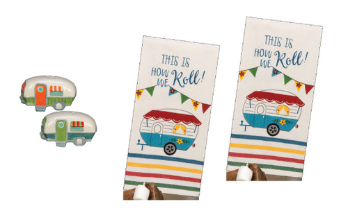 Retro RV Camping How We Roll Tea Towels And Salt Pepper Shakers 4pc Set