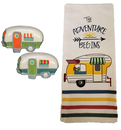 Retro RV Camping Adventure Tea Towel And Salt Pepper Shakers 3pc Set