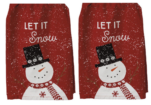 New Set of 2 Winter Snowman Let It Snow Cotton Kitchen Dish Towels, Red