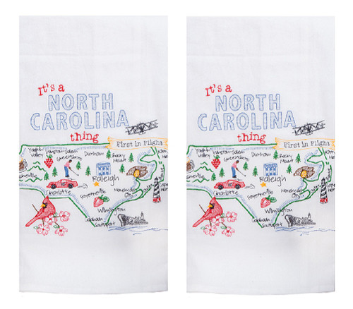 Set of 2 State of North Carolina Embroidered Map Flour Sack Kitchen Decor Towels