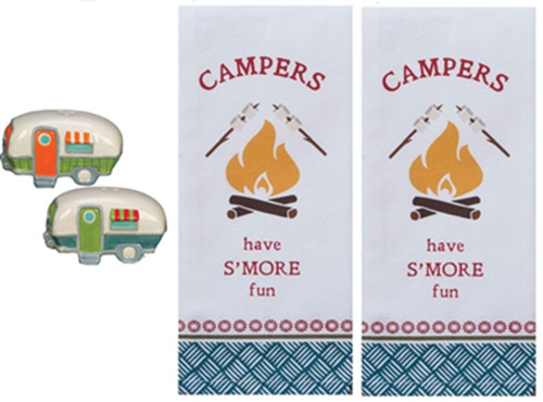 New 4 Piece Camper Salt and Pepper Shaker Set with Smores Camping Tea Towels