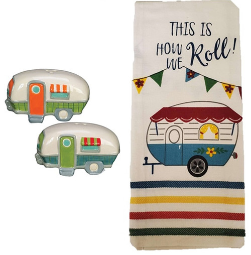 New Retro Pull Camper How We Roll Tea Towel And Salt Pepper Shakers 3 Piece Set