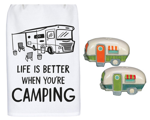 New Life Is Better Camping 3 Piece Bundle, Towel with Salt and Pepper Shakers