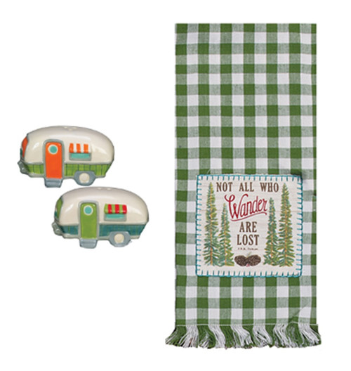 New 3 Piece Camper Salt and Pepper Shaker Set with Kitchen Tea Towel