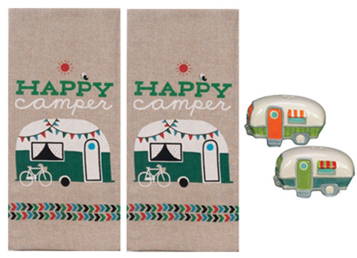 New Happy Camper 4 Piece Kitchen Bundle, Towels with Salt and Pepper Shakers