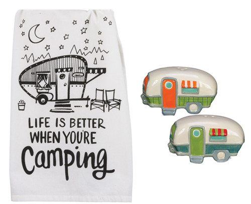 New Life is Better Camping 3 Piece Kitchen Bundle, Towel with Salt and Pepper Shakers